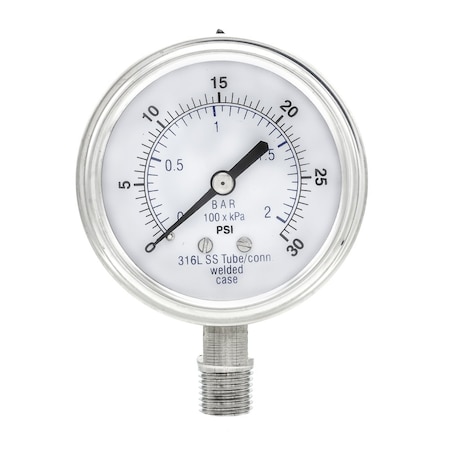 Pic Gauges 2 1/2 in Dial, 1/4 in NPT Male Lower Location, Stainless Steel Case Material PRO-301D-254C-01